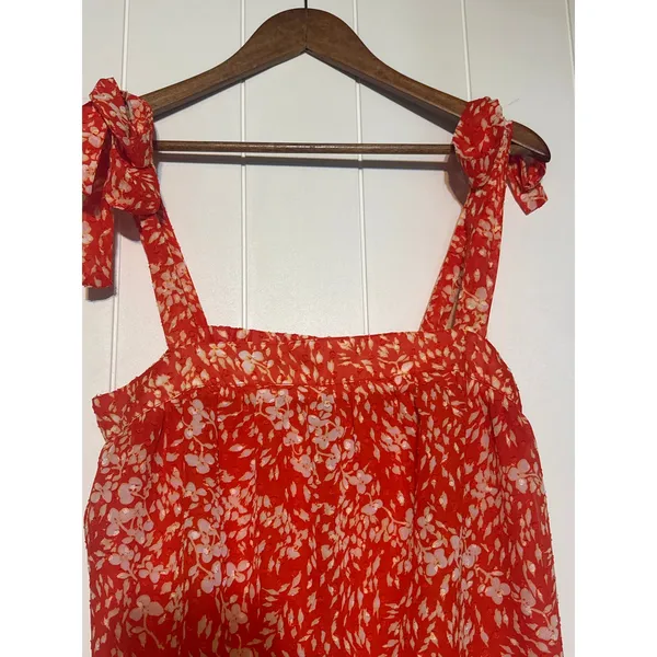 GiGiO Floral Sundress M Orange Smocked Tie Shoulder Ruffle Mini Dress Boho - Image 3