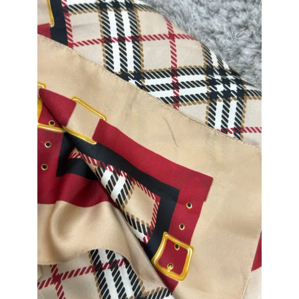 Vintage Plaid Square Scarf Tan Red Black Check Head Neck Wrap Equestrian Buckle - Image 7