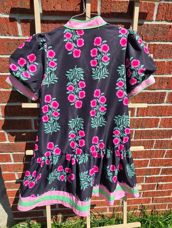 Floral Mini Dress Puff Sleeve V-Neck Button Down Casual Beach Boho Small - Image 9