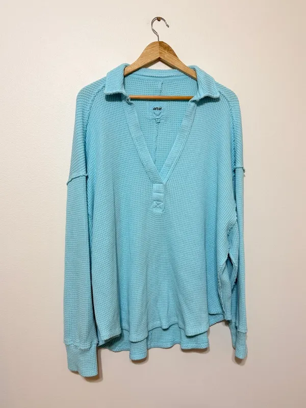Aerie LumberJane Waffle Polo Sweatshirt Size XL Blue - Image 2
