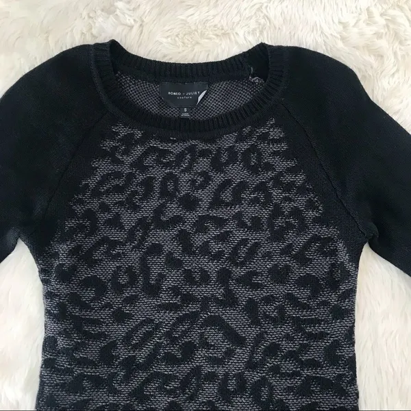 R+J COUTURE Leopard Print Sweater‎ Dress Fitted Raglan Sleeve Black Gray Small - Image 3
