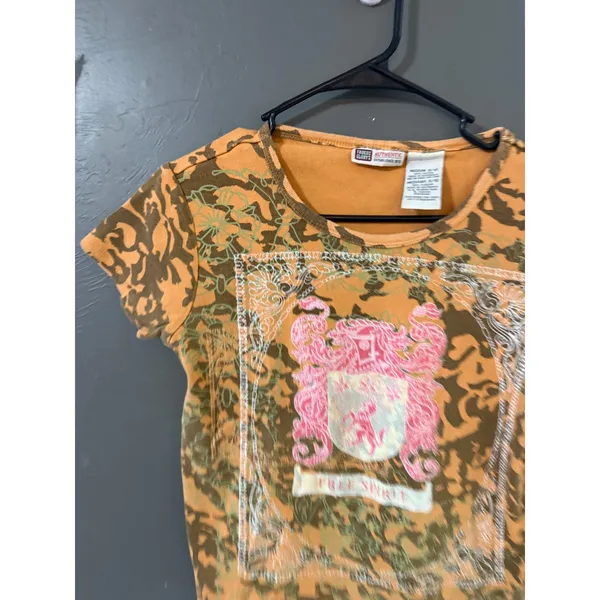 Faded Glory Vintage Orange Camo Graphic Tee Free Spirit‎ Crest Y2K Grunge M - Image 2