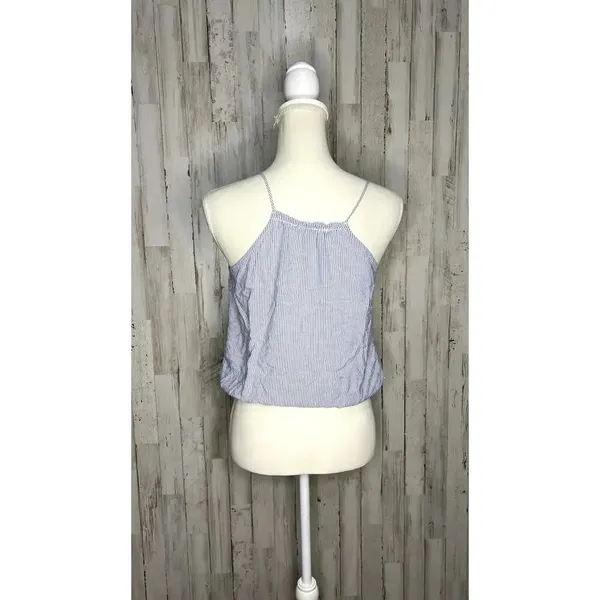 Brandy Melville Women's OSFM Blue/White Striped Wrap Cropped‎ Tank Top - Image 3
