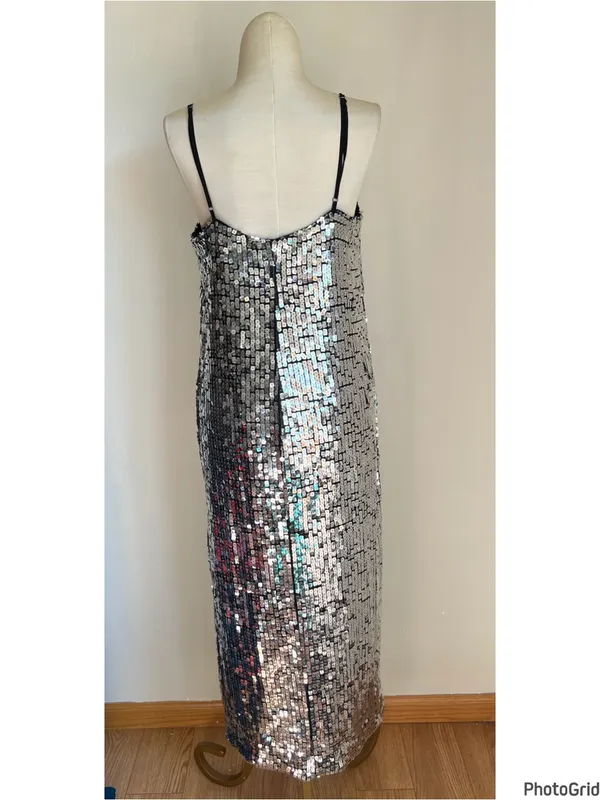 Reformation Silver Sequin Midi Dress Size Large - Image 2