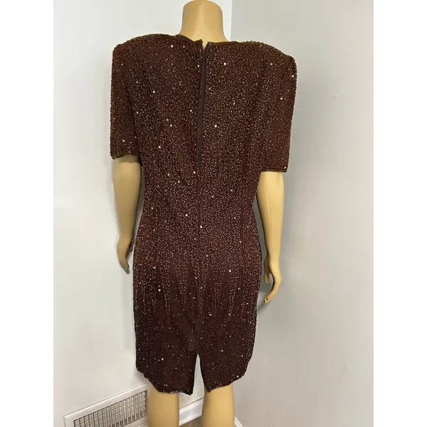 Stenay Vintage Brown Silk Beaded Sequin Sheath Cocktail Dress XL Shoulder Pads - Image 8