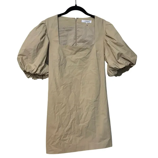 Frame 100% Cotton Khaki Pebble Puff Sleeve Nina Mini Dress Size Medium - Image 2