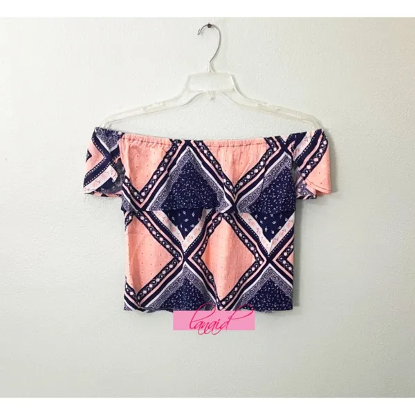Cotton On Sabrina Off Shoulder Top Pink Blue Ruffle Bardot Bandana Shoulderless - Image 2