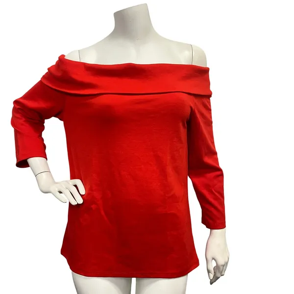 Large‎ Anthropologie Red Off Shoulder Top Blouse - Image 4