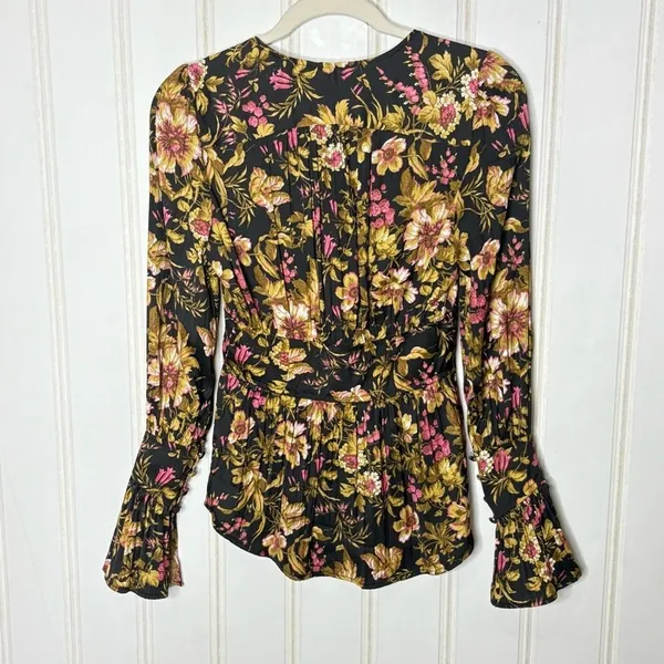 Anthropologie Floral Peplum Blouse V-Neck Button Front Flared Cuff Top Black - Image 11