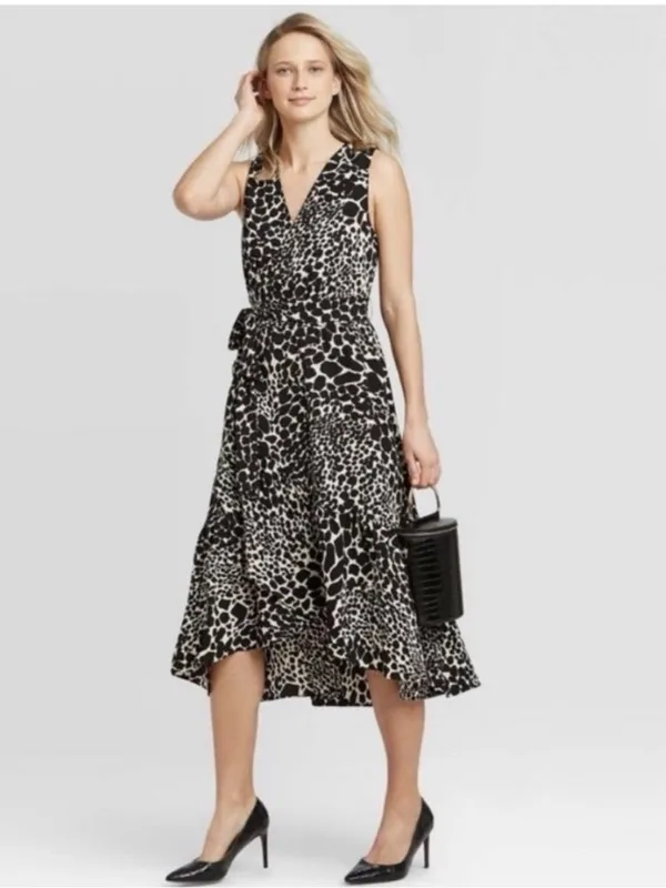 NWT Who What Wear Swirling Leopard Wrap Ruffle High Low Maxi Dress XS - Image 2