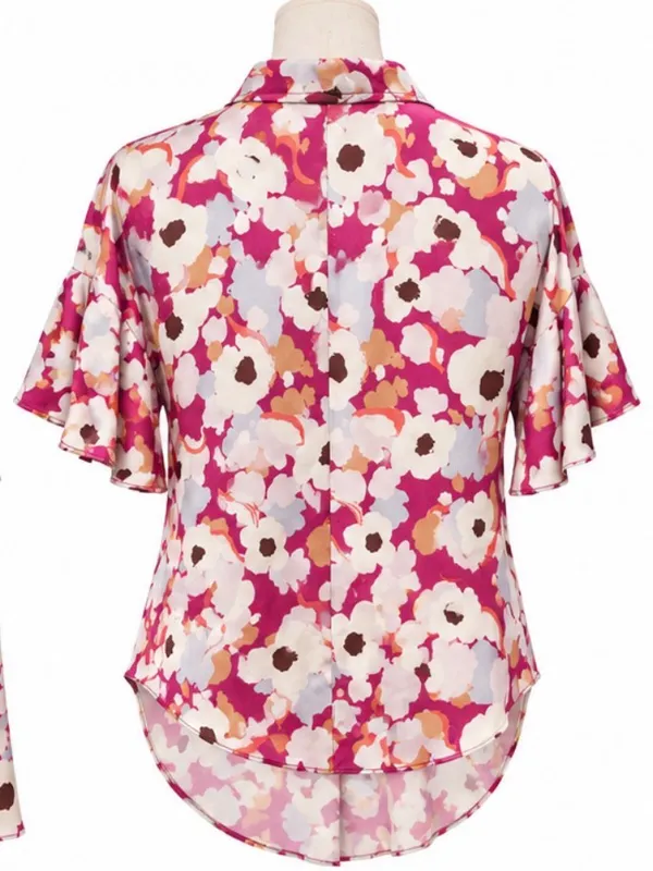 Joie Floral Button Front Blouse Medium Pink 100% Viscose High Low Satin Feel - Image 3