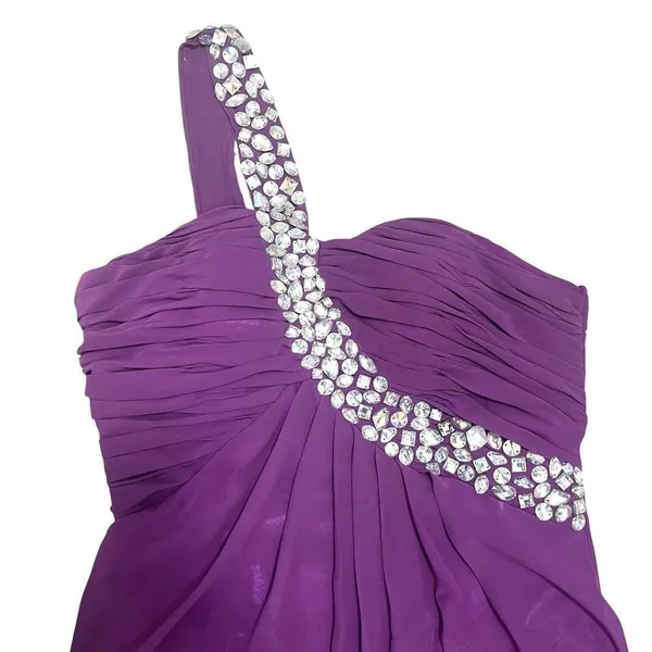 Prom Formal Dress Purple One Shoulder Long Embellished Beaded Cocktail Size S - Image 10
