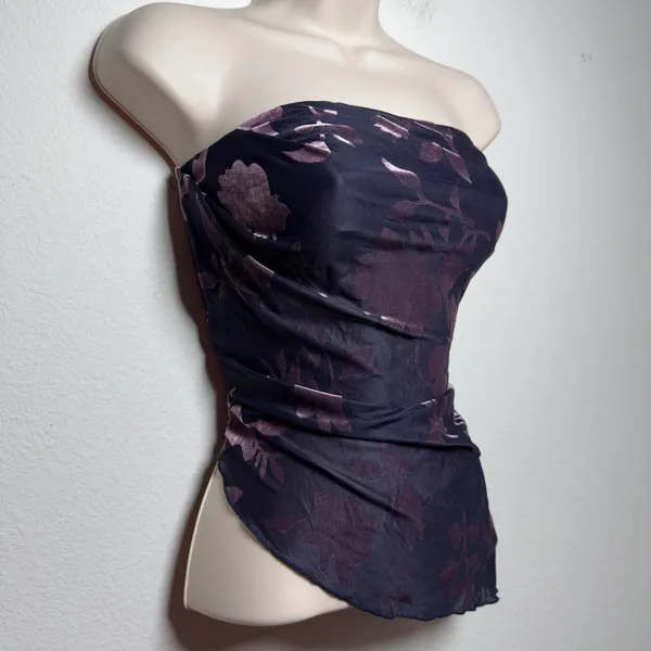 Lulus Womens Tube Top XS Navy Purple Burnout Velvet Floral Asymmetric Strapless - Image 2