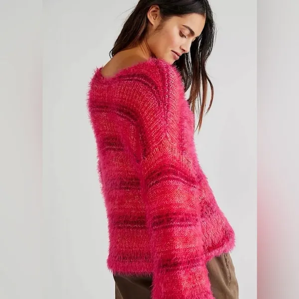 Free People Gelato Pullover Sweater Fuzzy Star Pink Combo Boxy Crop Sz S Small - Image 2