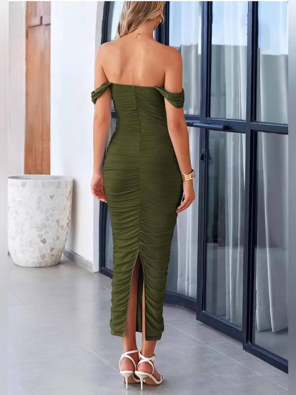 PRETTYGARDEN. Olive Green Ruched Bodycon maxi dress - Image 2