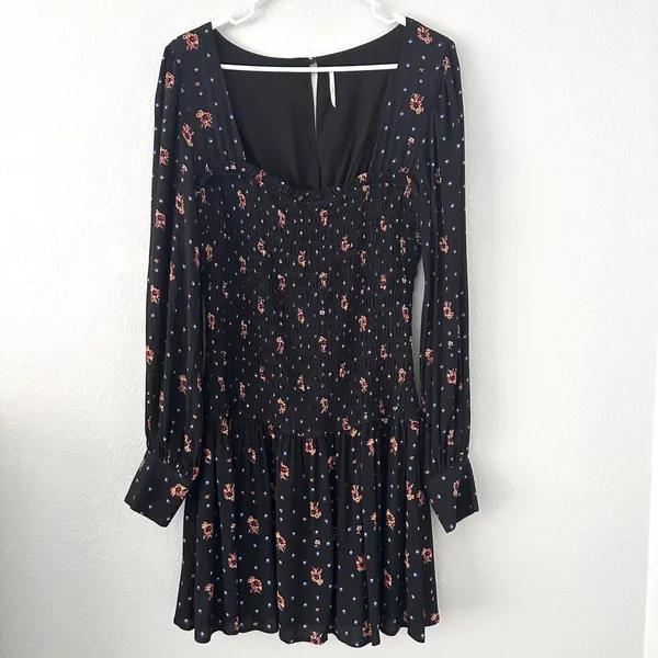 Free People-M Floral Long Sleeve Smocked Mini Dress Romantic Boho-Chic Babydoll‎ - Image 11
