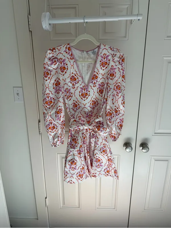 LaRoque Floral V-Neck Dress in White with Pink & Orange Print | Printed - Image 4