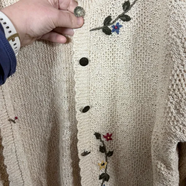 VINTAGE Cottage Essentials Women’s Chunky Knit Floral Cardigan Beige Multi L - Image 10