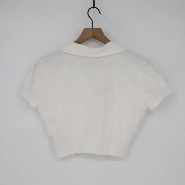 Zara Crop Shirt Womens S White Cotton Ruched Detailing Spread Collar Button Up - Image 9