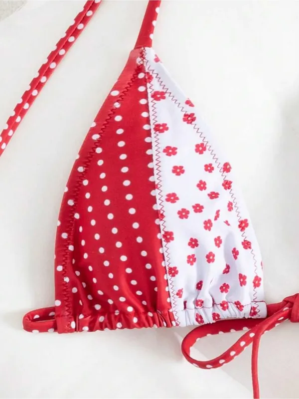 NEW Red White Floral Polka Dot Colorblock Tie Front Triangle Swimwear Bikini Set - Image 5