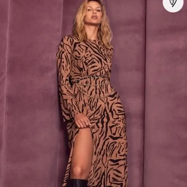 Lulus On the Prowl Tiger Print Long Sleeve Midi Dress Brown Black Size S - Image 4