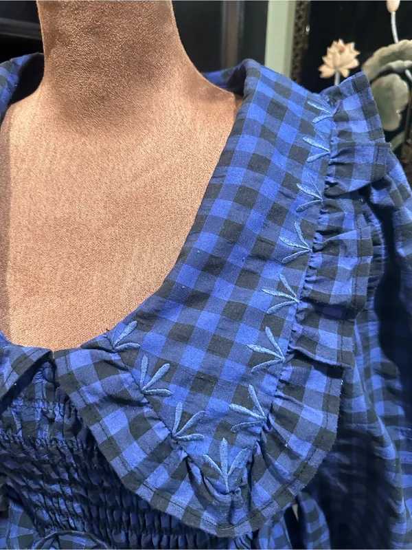 MANGO Blue & Black Gingham Smocked Babydoll Dress – Size 2 - Image 3