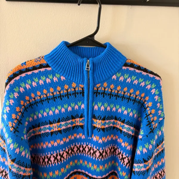 Zara Blue Half-Zip Jacquard Sweater Size Women’s Large - Image 3