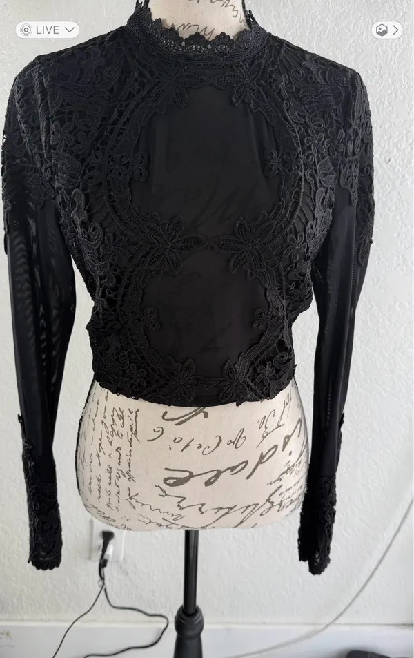 Windsor Black Lace Overlay Long Sleeve Mesh Crop Top - Size Small - Image 7