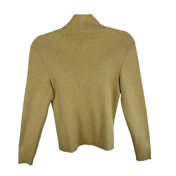 Lauren Ralph Lauren Gold Metallic Ribbed Turtleneck Sweater LRL Logo Womens L - Image 2