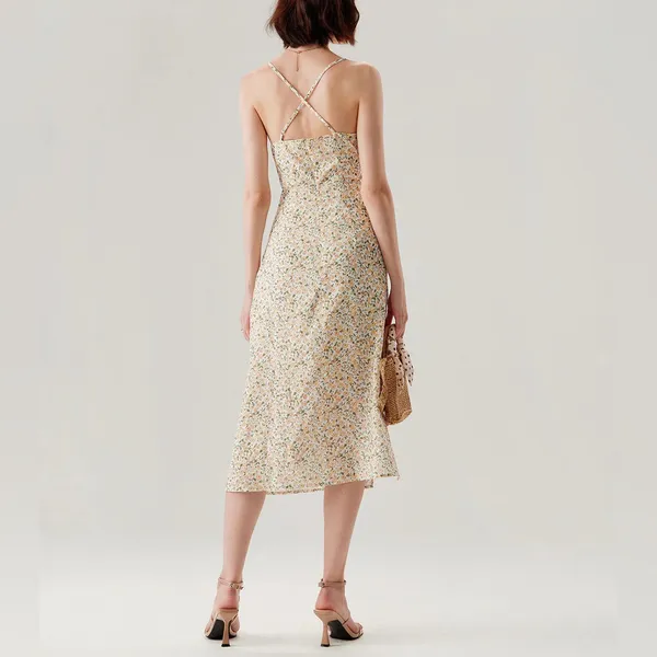 Rihoas Yellow Floral Ruched Slip Midi Dress - Image 9