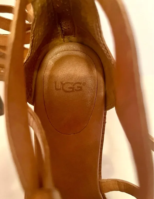 Ugg Tan Leather Woven Stack Heels Sandals  - Image 5