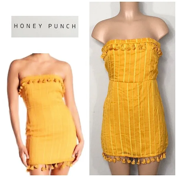 Honey punch gold strapless mini dress with tassels. New with tags - Image 2