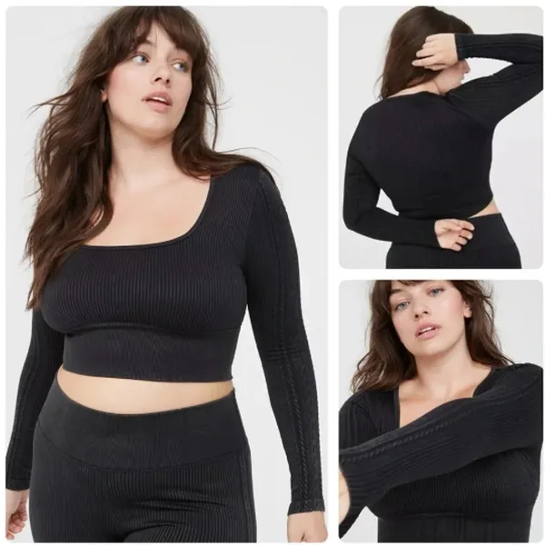 OFFLINE By Aerie Size XL Seamless Cable Square Neck Long Sleeve Crop Top - Image 2