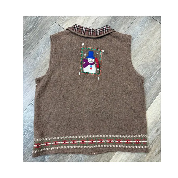 Hampshire Studio Snowman Sweater Vest Large Brown Christmas Holiday Knit - Image 2