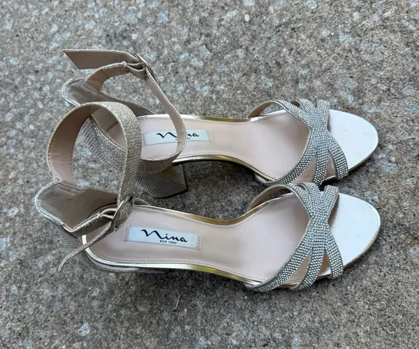 Nina New York Gold Shimmer Rhinestone Strappy Ankle Strap Block Heel Sandals - Image 2