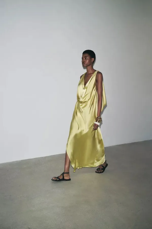 Zara maxi dress zwcollection satin flowy Sleeveless Lime evening party wedding - Image 12