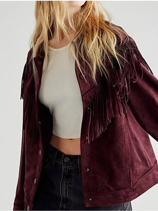 Free People Western Fringe Faux Suede Cosmic Karma Jacket In Wine Size Large - Image 3