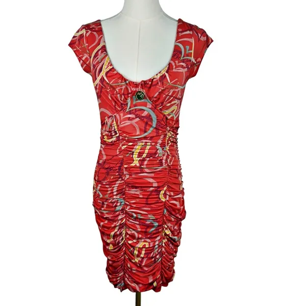 Apple Bottoms Orange Ruched Form Fitting Body Con Mini Dress Y2K Colorful Club - Image 3