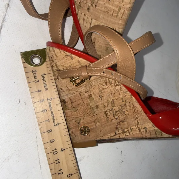Tory Burch Red Patent Leather Cork Wedge Ankle Strap Peep Toe Sandals size 7.5 M - Image 13