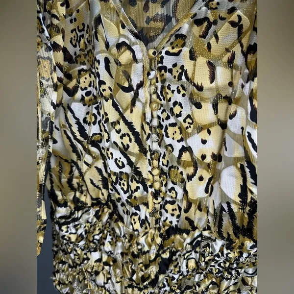 Cache Vintage 1980s Gold Cheetah Print Silk Dolman‎ Blouse Cinched Waist Women S - Image 9