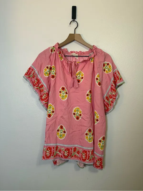 Umgee Boho Bloom Top with
Contrasting Print Border in Pink - Image 2