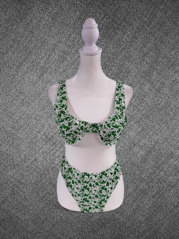 Green Floral Underwire Two Piece Bikini Set High Waisted Swimwear - Image 3