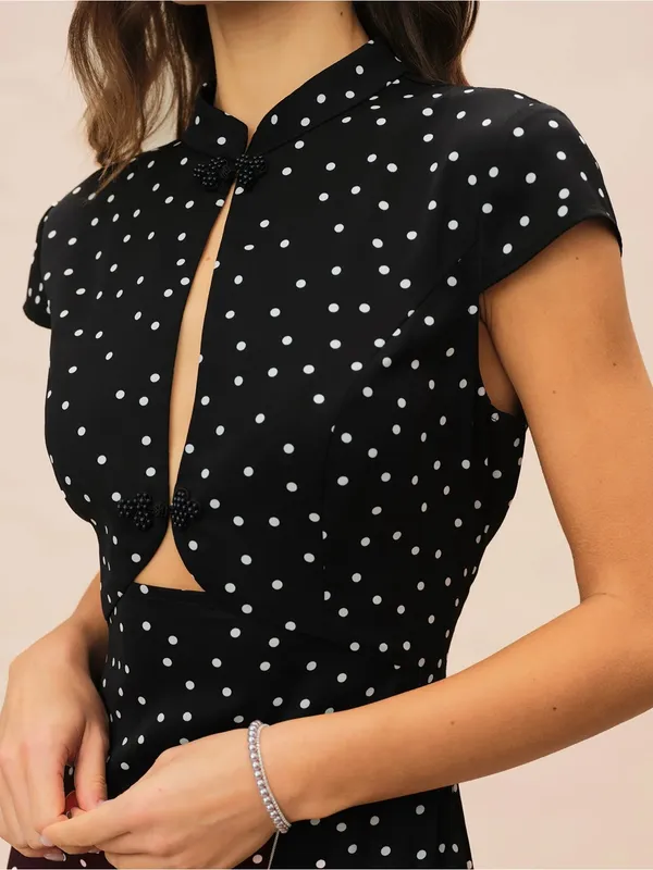 Rihoas Black Mandarin Collar Polka Dot Midi Dress - Image 2