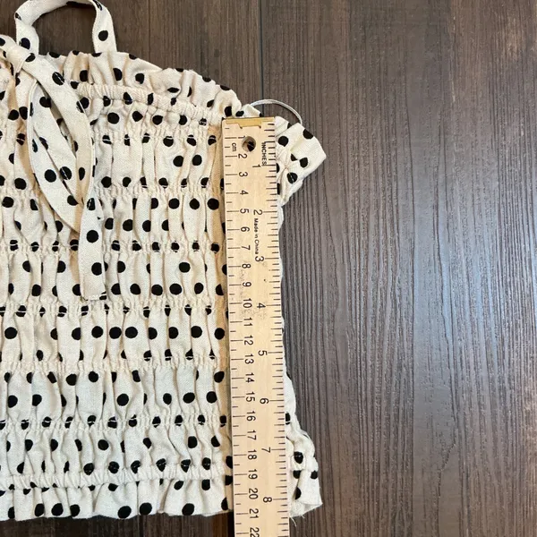 Statement Polka Dot Smocked Halter Tube Top Cream Black Linen Blend Large Boho - Image 4