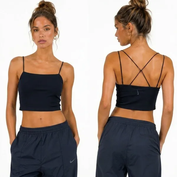 Nike Dri-FIT Ribbed Solid Crop Top Black Sporty Crisscross Back Strappy Size S - Image 2