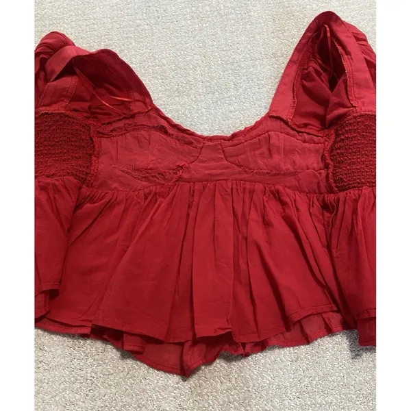 Sofie the label Red Puff Sleeve Smocked Ruffle Cropped Top Square Neck Size S - Image 14