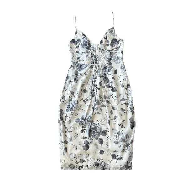 Zimmermann Silk Midi‎ Sheath Dress 2 (US 8-10) White Blue Floral Pleated Front - Image 2