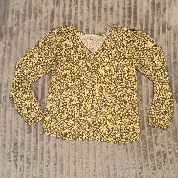 LOFT Womens Yellow Olive‎ Green Floral V-Neck Puff Sleeve Blouse Top M - Image 2