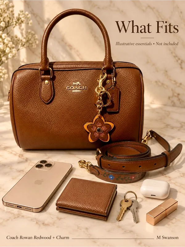 Coach Rowan Redwood Satchel CT841 Floral Strap + Leather Flower Charm Set NWOT - Image 8