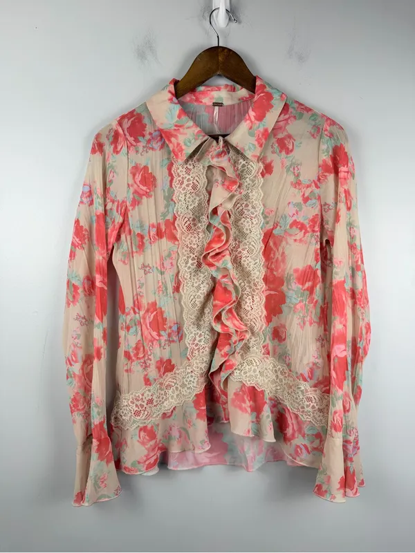 FREE PEOPLE Bad At Love Printed Blouse / Ivory Combo SMALL Floral Cottagecore - Image 2